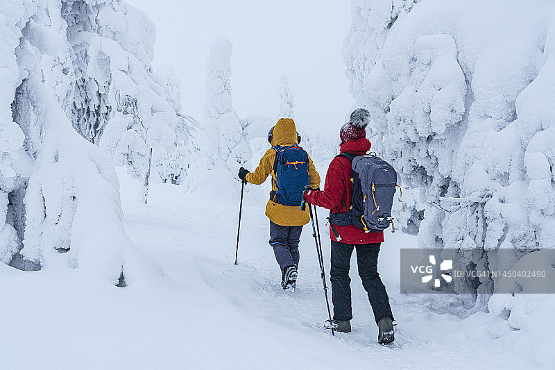 两名女人在雪地小路上散步图片素材