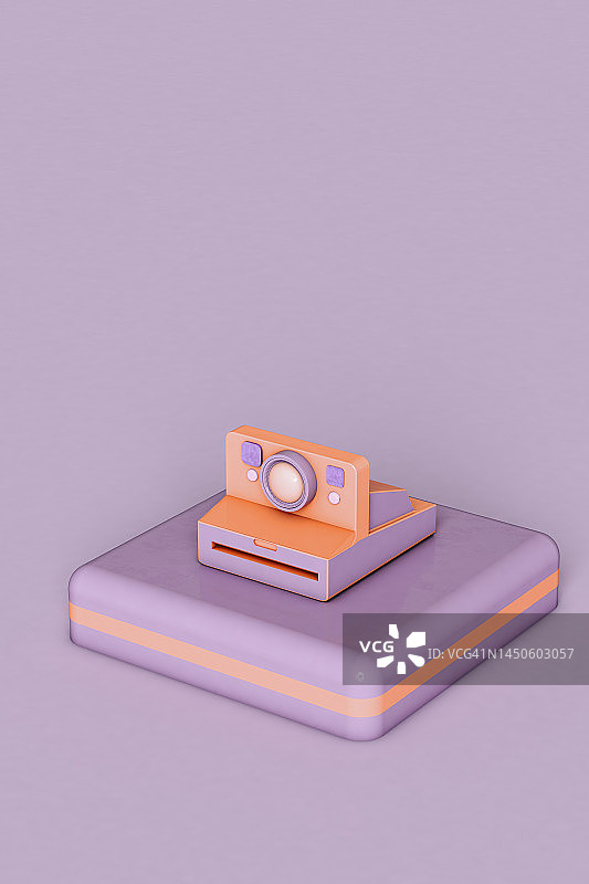 紫色背景上放置在底座上的3D拍立得相机图片素材