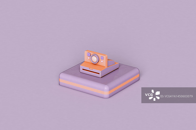 紫色背景上放置在底座上的3D拍立得相机图片素材
