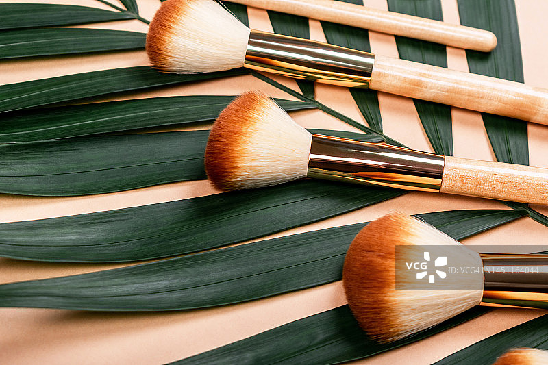 腮红和散粉用软刷，零浪费概念。米色背景上带有绿叶的天然木制化妆刷套装图片素材