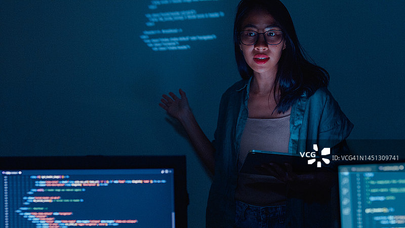 年轻的亚洲女软件开发人员指导团队，与高管团队交谈，分析办公室夜间的源代码图片素材