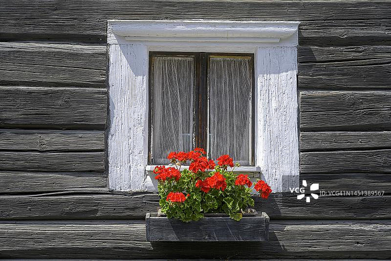 捷克共和国拉布什泰因纳德斯特雷卢旧木屋上的花窗图片素材