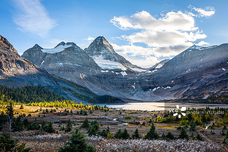 加拿大不列颠哥伦比亚省阿西尼博因山和马戈格湖的景色图片素材