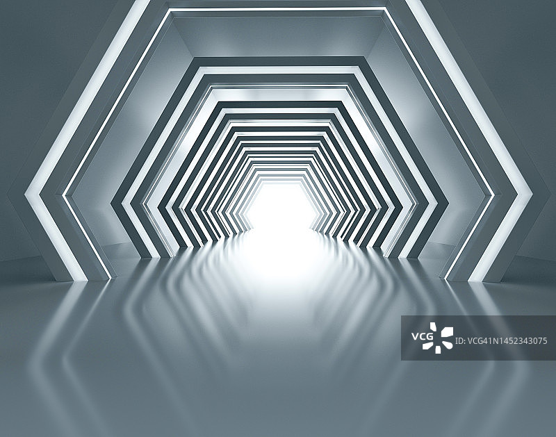 照亮未来派宇宙飞船走廊的3D渲染插图图片素材