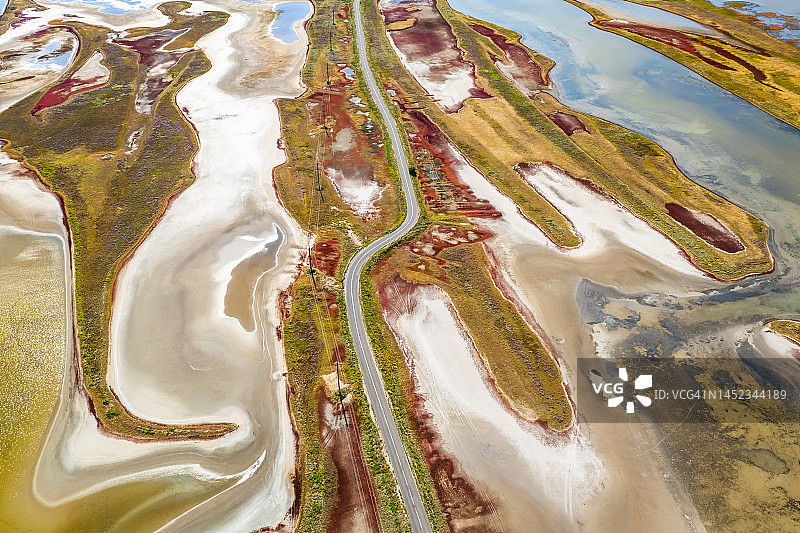红色草地河口盐沼的道路航拍景色图片素材