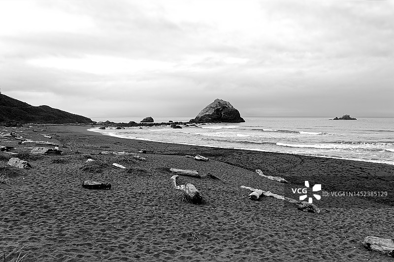 德尔诺特海岸红杉州立公园的太平洋海滩（黑白）图片素材