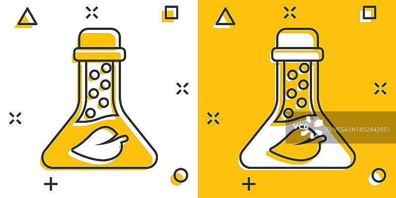 化学玻璃图标在平面风格。实验室烧瓶与叶矢量插图在白色孤立的背景。自然分析招牌经营理念。图片素材