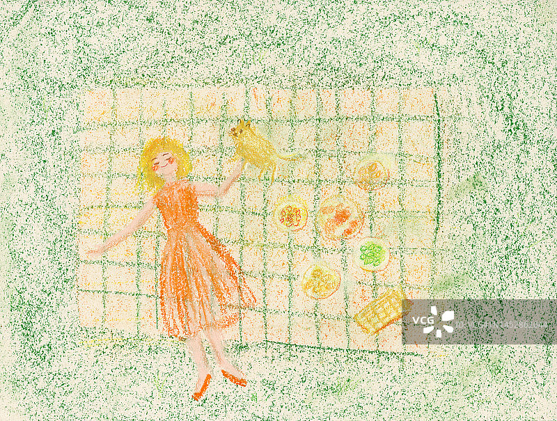女孩在野餐垫上睡觉图片素材