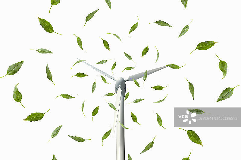 风力涡轮机与树叶图片素材