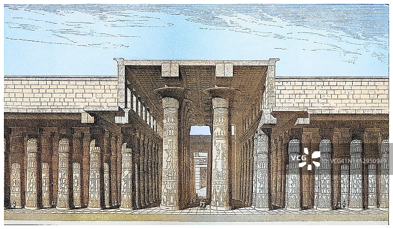 古老的版画插图：卡纳克神庙的柱子，古埃及建筑图片素材