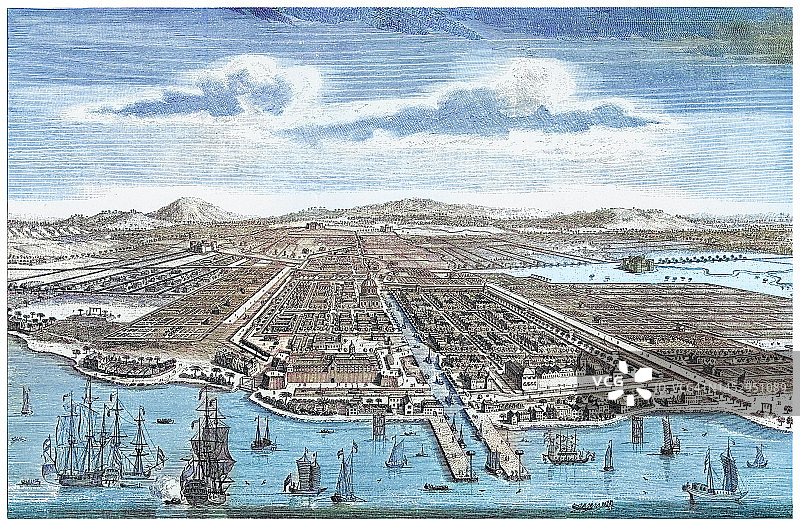 描绘荷属东印度巴达维亚（雅加达，印度尼西亚）景观的古老插画图片素材