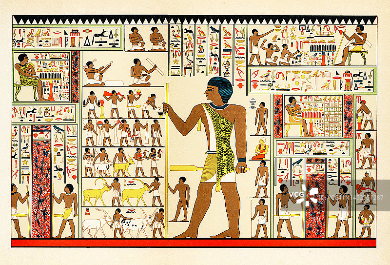 埃及第四王朝墓室壁画的彩色石印插图图片素材