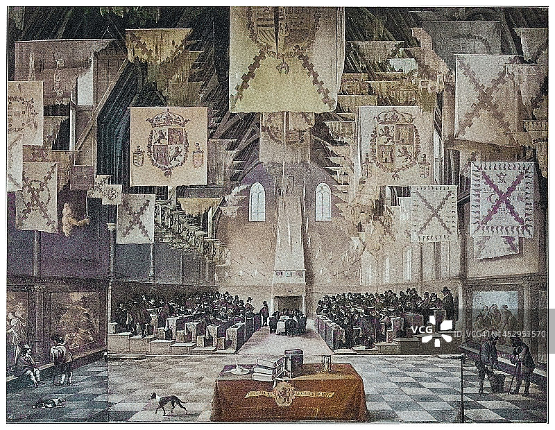 1651年荷兰在海牙的内庭召开的大会古老雕刻插图图片素材