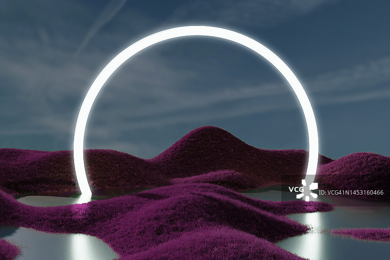 数字化生成的超现实景观，在黄昏时分呈现光环和天空图片素材