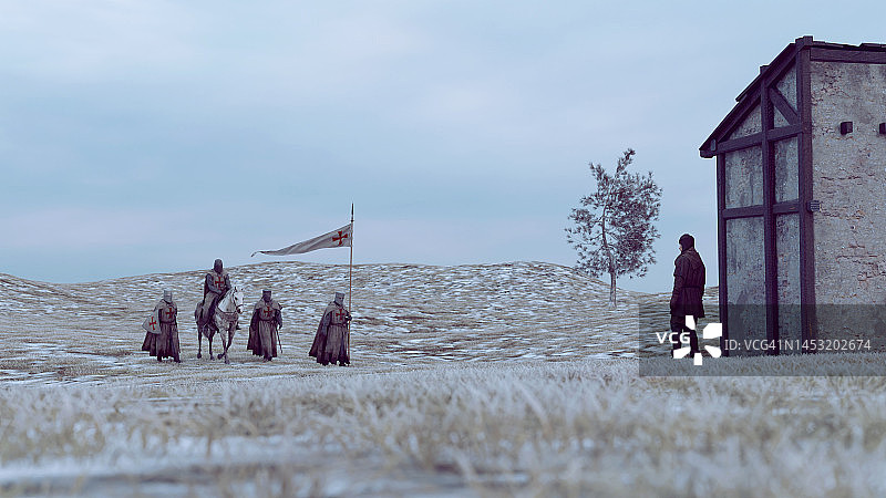 中世纪士兵在旅途中遇到农民图片素材
