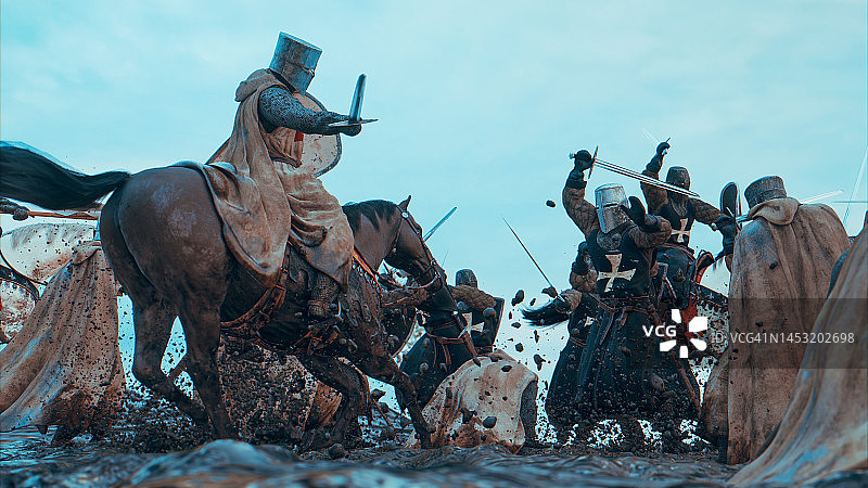 中世纪士兵骑战马挥剑攻击敌人图片素材