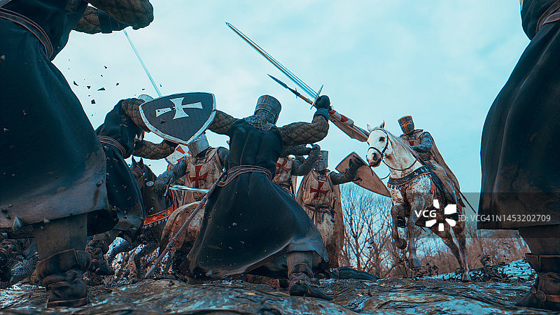 危险的中世纪士兵刀剑格斗场景图片素材