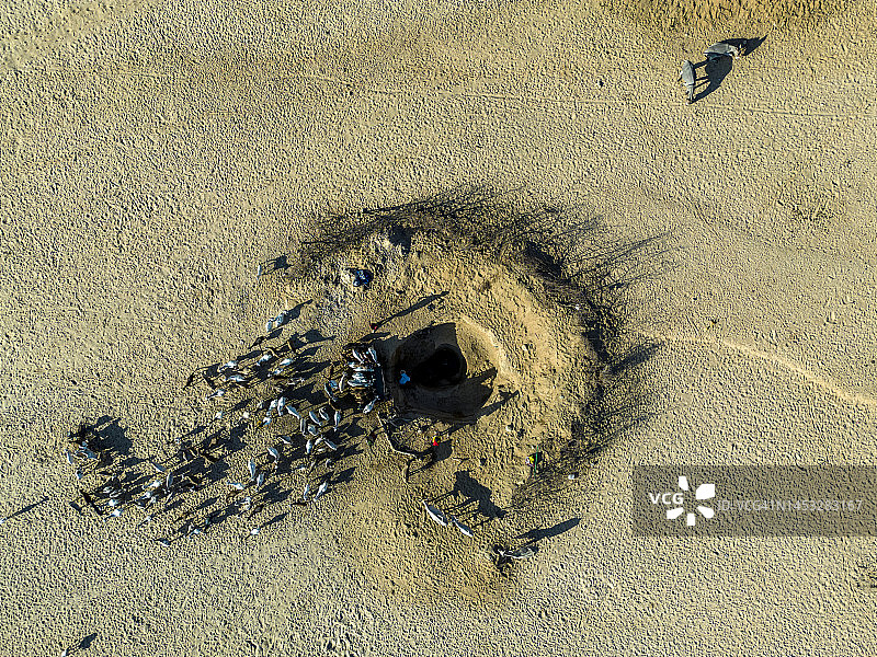 气候变化、干旱和水资源危机航拍：肯尼亚男子从深井中取水图片素材