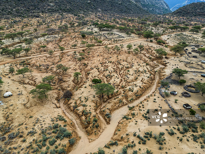 气候变化、干旱、水危机、贫困：航拍肯尼亚遭受干旱侵蚀的土壤图片素材