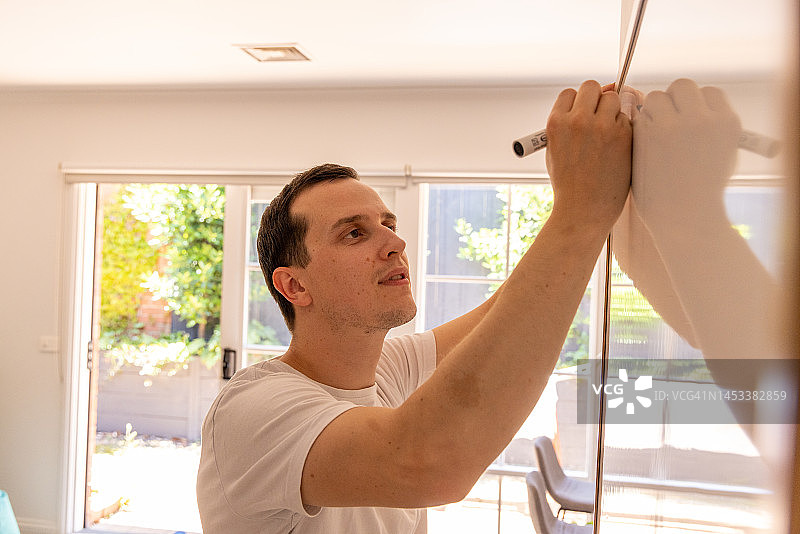 快乐的男人在家在画板上写作图片素材