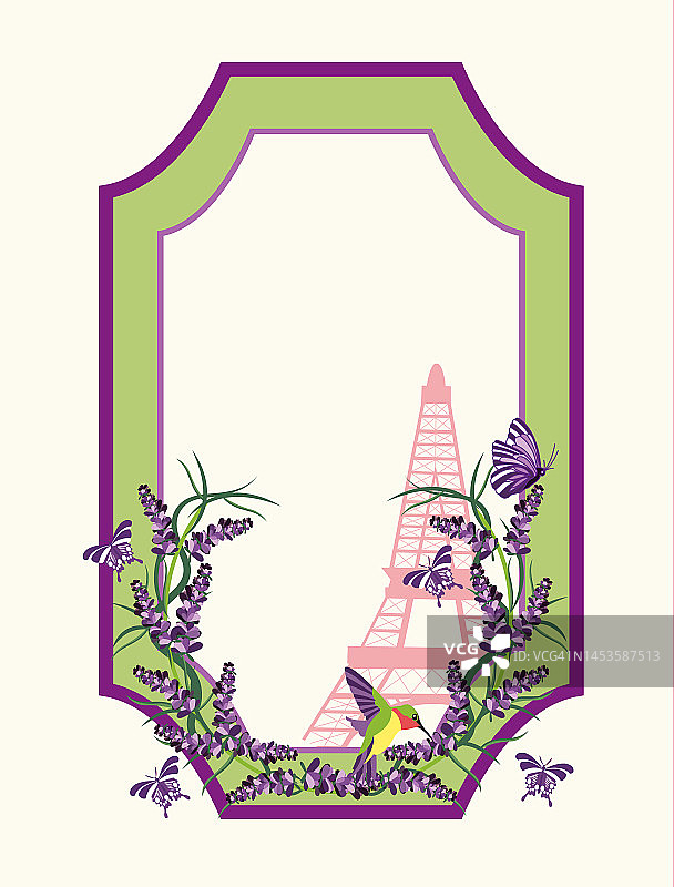 带埃菲尔铁塔的薰衣草复古相框插画图片素材