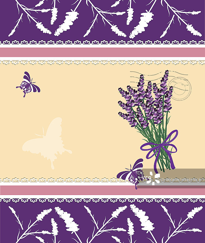 薰衣草花束、蝴蝶、蕾丝和紫色调薰衣草框架插画图片素材