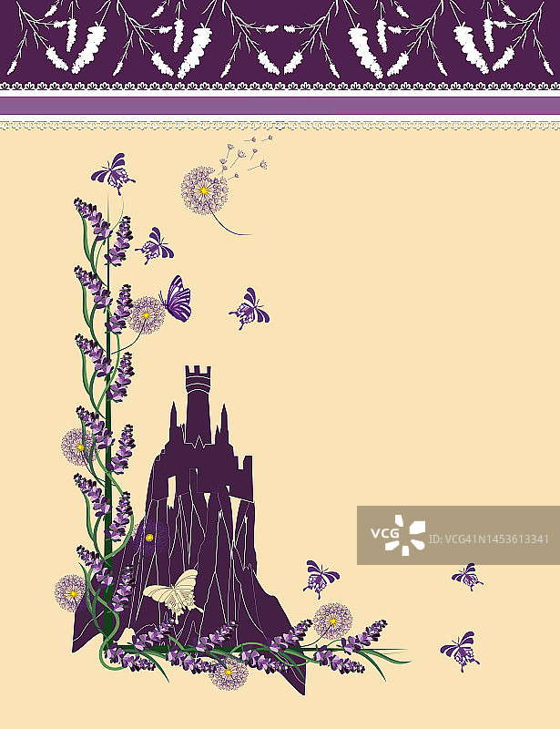 紫色薰衣草城堡蝴蝶边框与文本预留空间插画图片素材