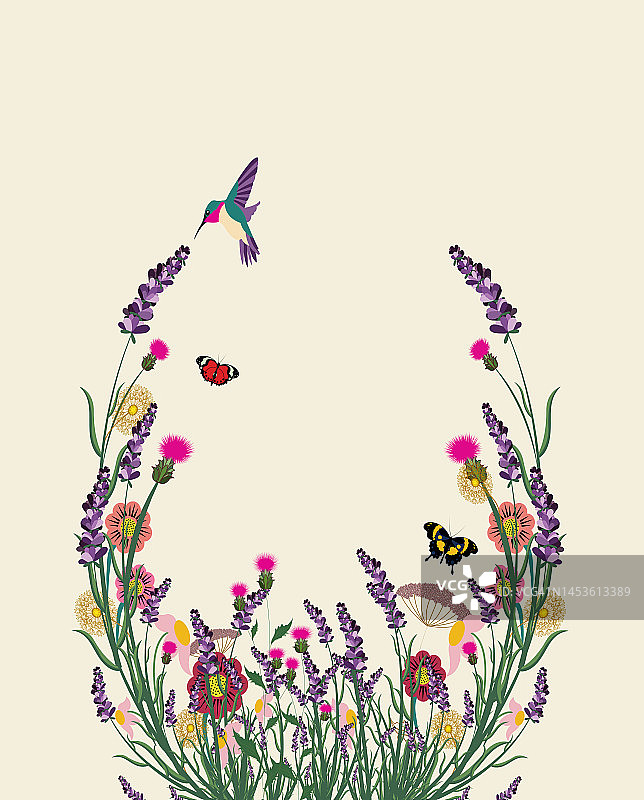 紫色复古色调，野花薰衣草框架插画图片素材