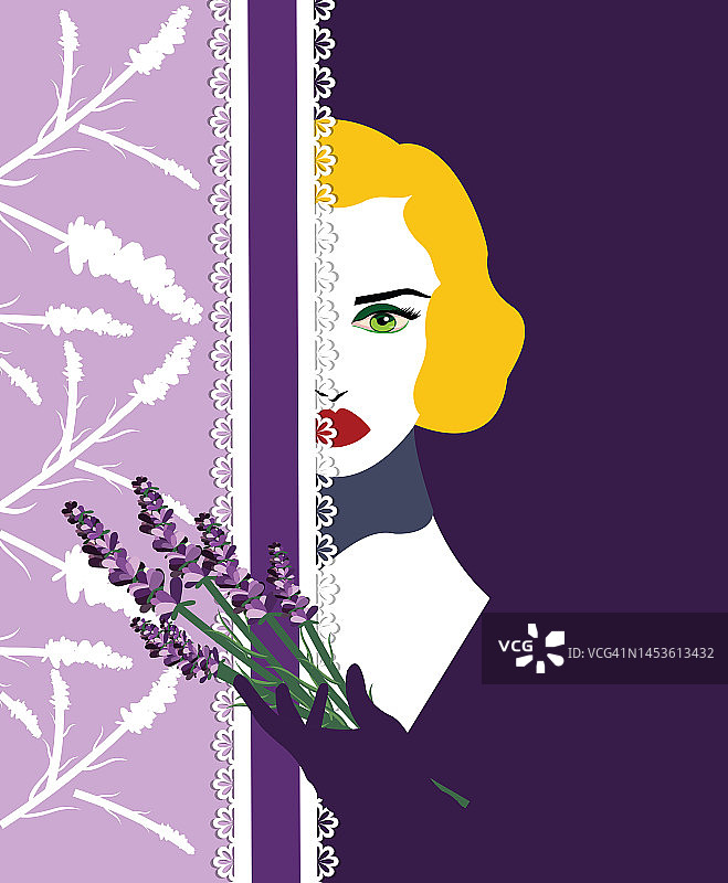 手捧薰衣草花束、看向窗帘后面的女孩插画图片素材