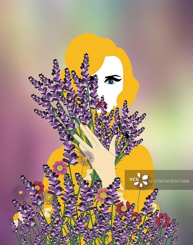 手持薰衣草花束的女孩插画图片素材