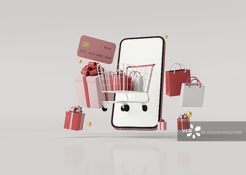 3D渲染粉色购物车、礼盒和购物袋图片素材