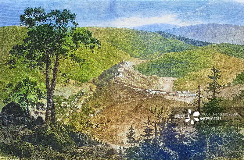 1875年的施瓦茨堡城堡,德国图林根州萨尔费尔德-鲁多尔施塔特县,历史照片,19世纪原始照片的数字化修复图片素材