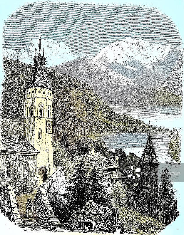 1882年瑞士图恩的图恩湖风光（历史照片，数字化修复）图片素材