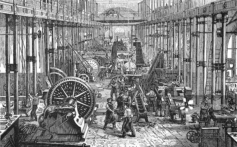 萨克森机械厂机房里的工人们,该厂是19世纪后半叶萨克森最重要的机械工程公司之一,位于德国萨克森州开姆尼茨,19世纪的历史数字化修复复制品图片素材