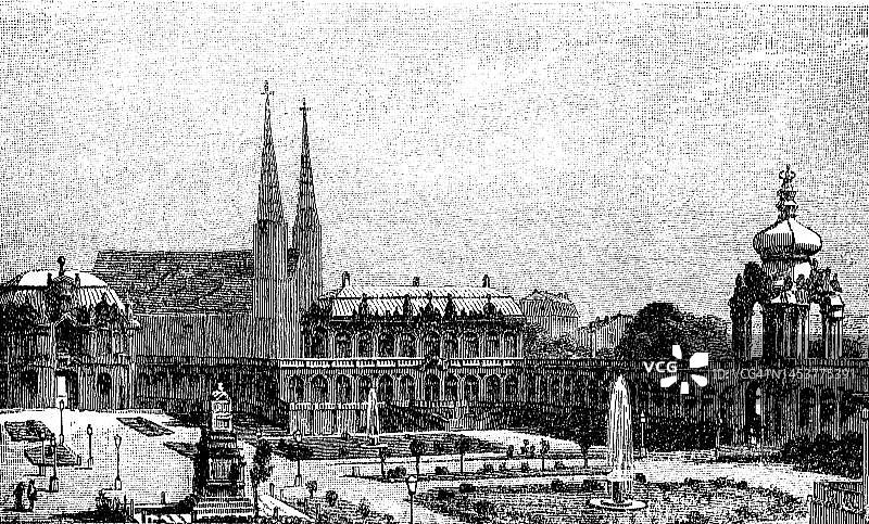 1870年德累斯顿茨温格宫的局部景观，萨克森，德国，历史照片，19世纪原版数字化修复图片素材