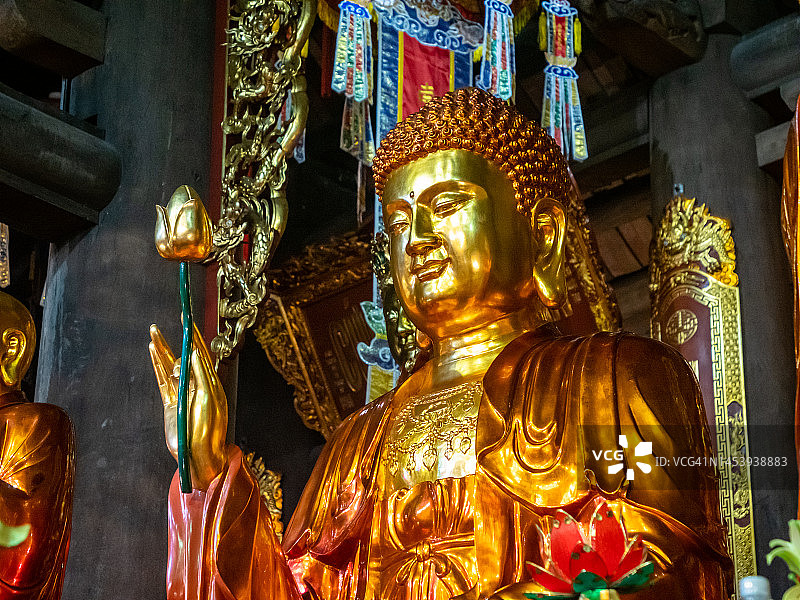 越南沙巴：前往番西邦，参观山顶寺庙中的金色佛教雕像图片素材