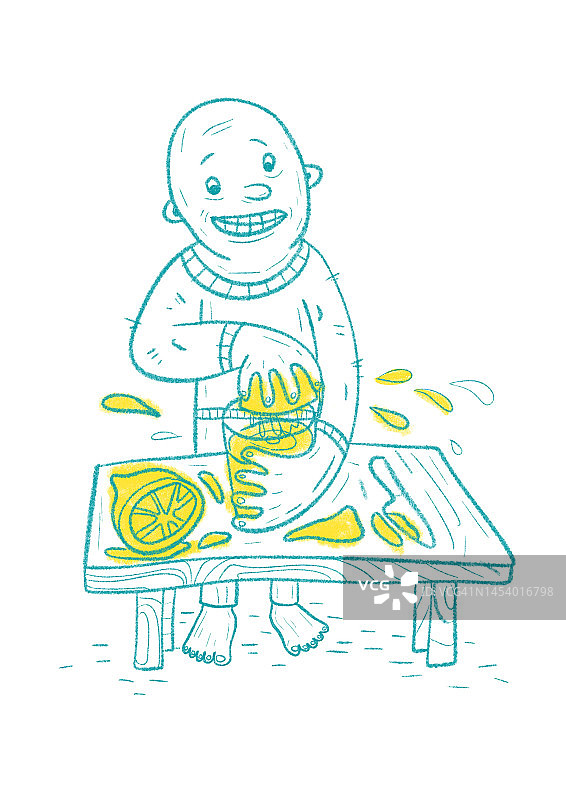 手绘趣味男人挤压半个柠檬在水杯中制作柠檬水插画图片素材