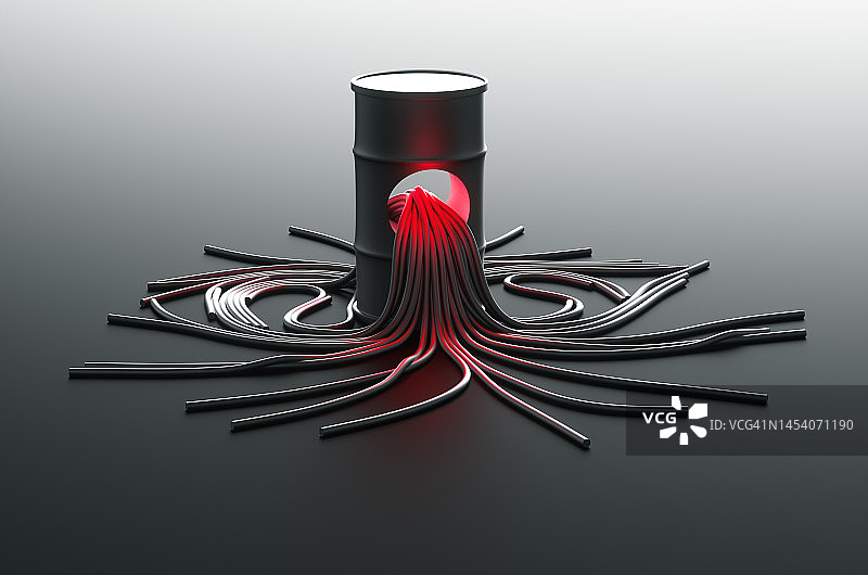 黑色背景下的抽象油桶与红色软管溢油3D渲染插图图片素材