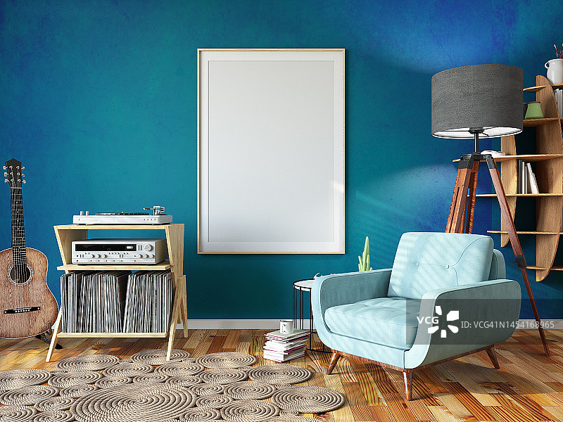 舒适的客厅，摆满了书籍、扶手椅、音乐播放器和一个空相框，营造放松的家居概念图片素材