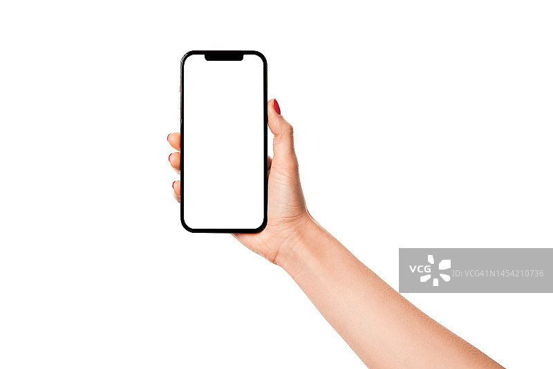 女人手持白色背景上的现代智能手机iPhone模型，屏幕为白色图片素材