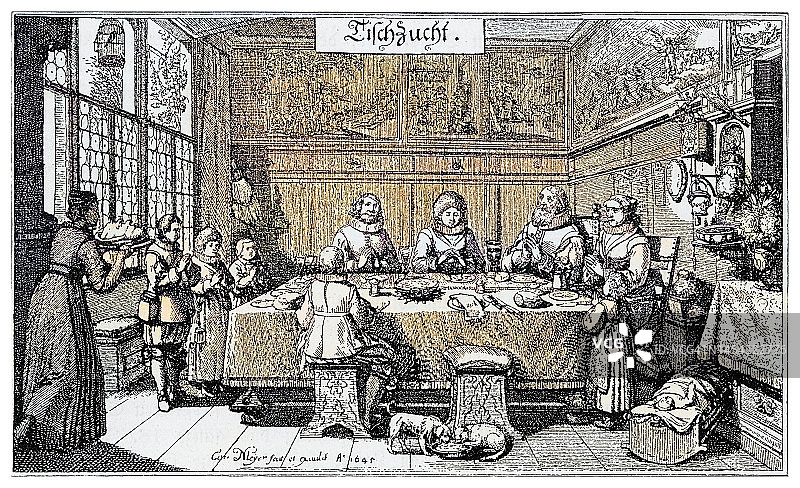 17世纪中期德国纽伦堡富裕家庭的贵族住宅内部古版画图片素材