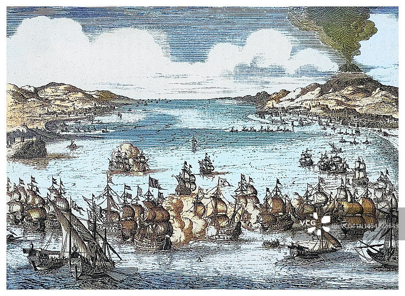 卡塔尼亚海战（1676年4月22日）古老版画插图——法荷战争图片素材