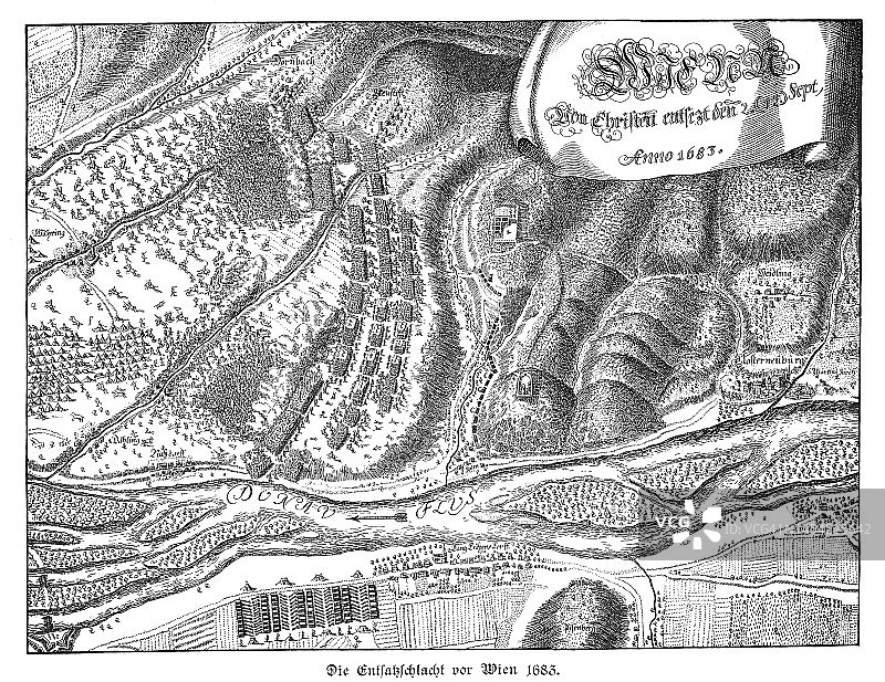 1683年9月12日维也纳战役的古老雕刻插图图片素材