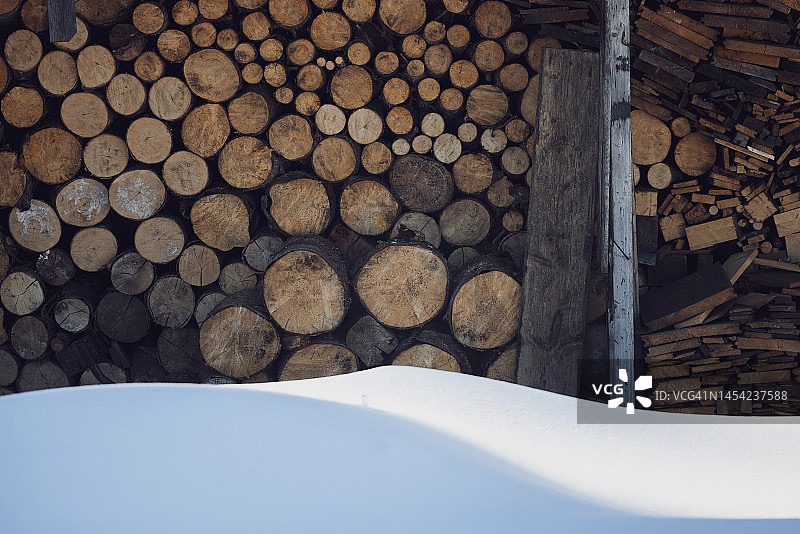 堆放在小木屋前的木柴，德国的冬天图片素材