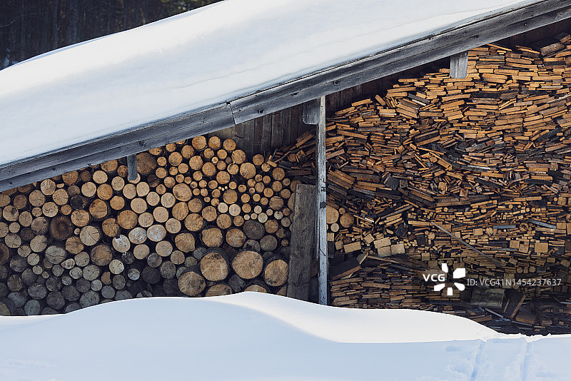 堆放在小木屋前的木柴，德国的冬天图片素材