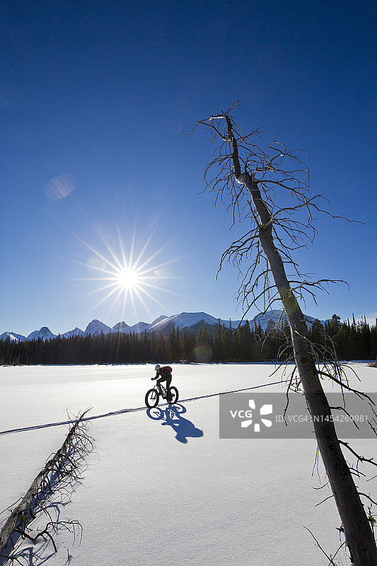 阳光明媚的冬日山地自行车骑行图片素材
