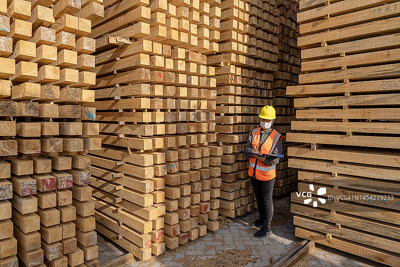 女仓库工人检查仓库中木材的数量图片素材