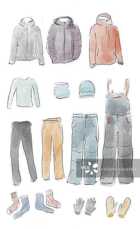 冬季运动装备手绘水彩涂鸦套装图片素材