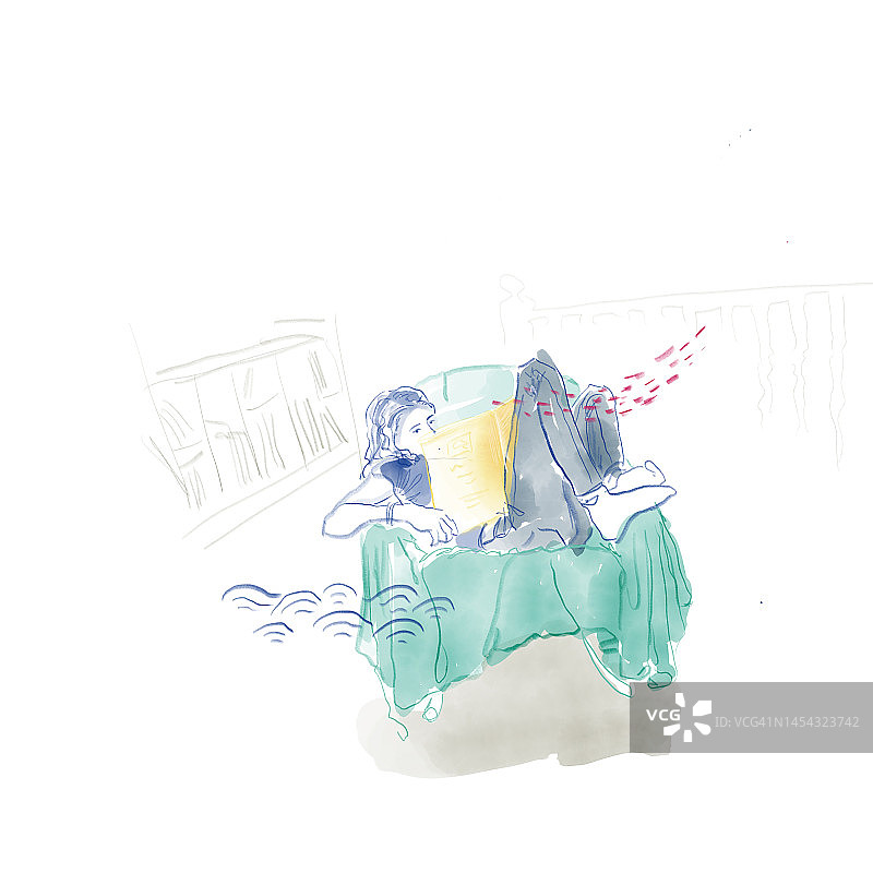 手绘水彩风格的阅读年轻人肖像图片素材