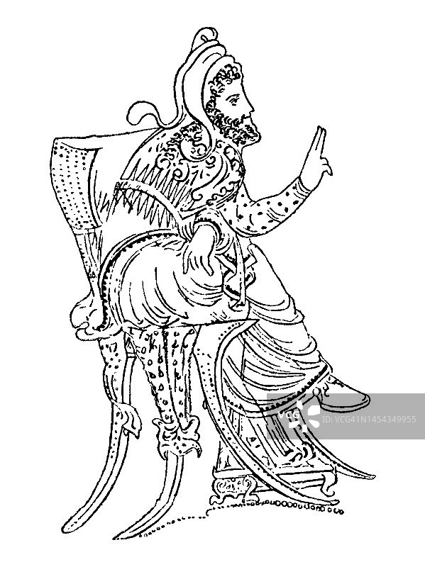 公元前3世纪大流士一世时期花瓶上的人物老雕刻插图 - 战争委员会成员图片素材